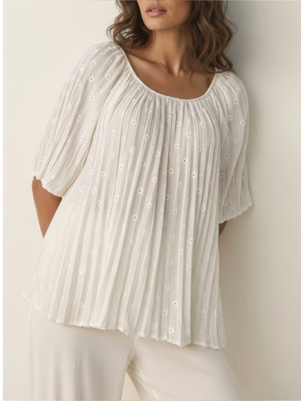 SÉZANE Romy Embroidered Pleated Blouse, Navy, FR46/US14